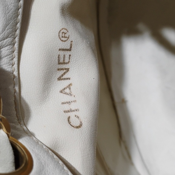 FLASH SALE! Auth CHANEL Shoulder Bag W Chain Strap White Leather Mustard Fabric - Picture 14 of 16